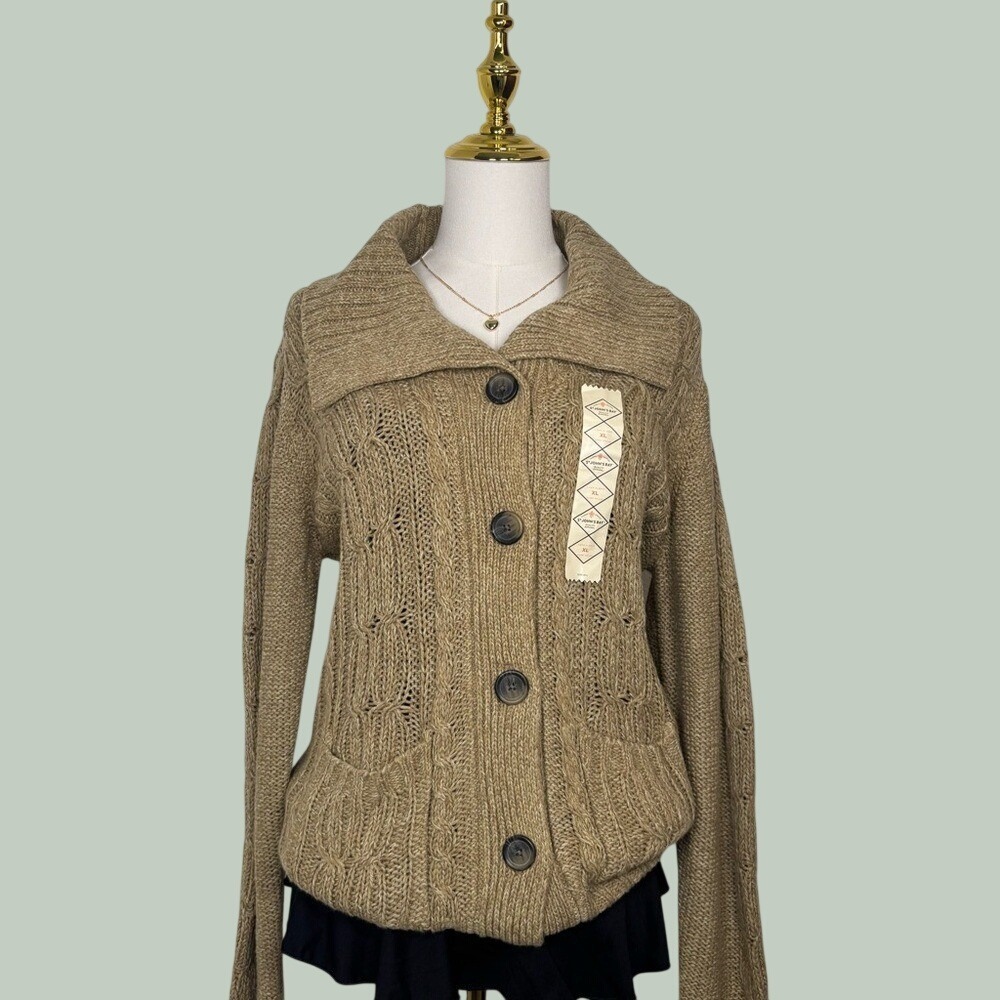 NWT st johns bay tan chunky knit cardigan coat pockets coquette old money y2k